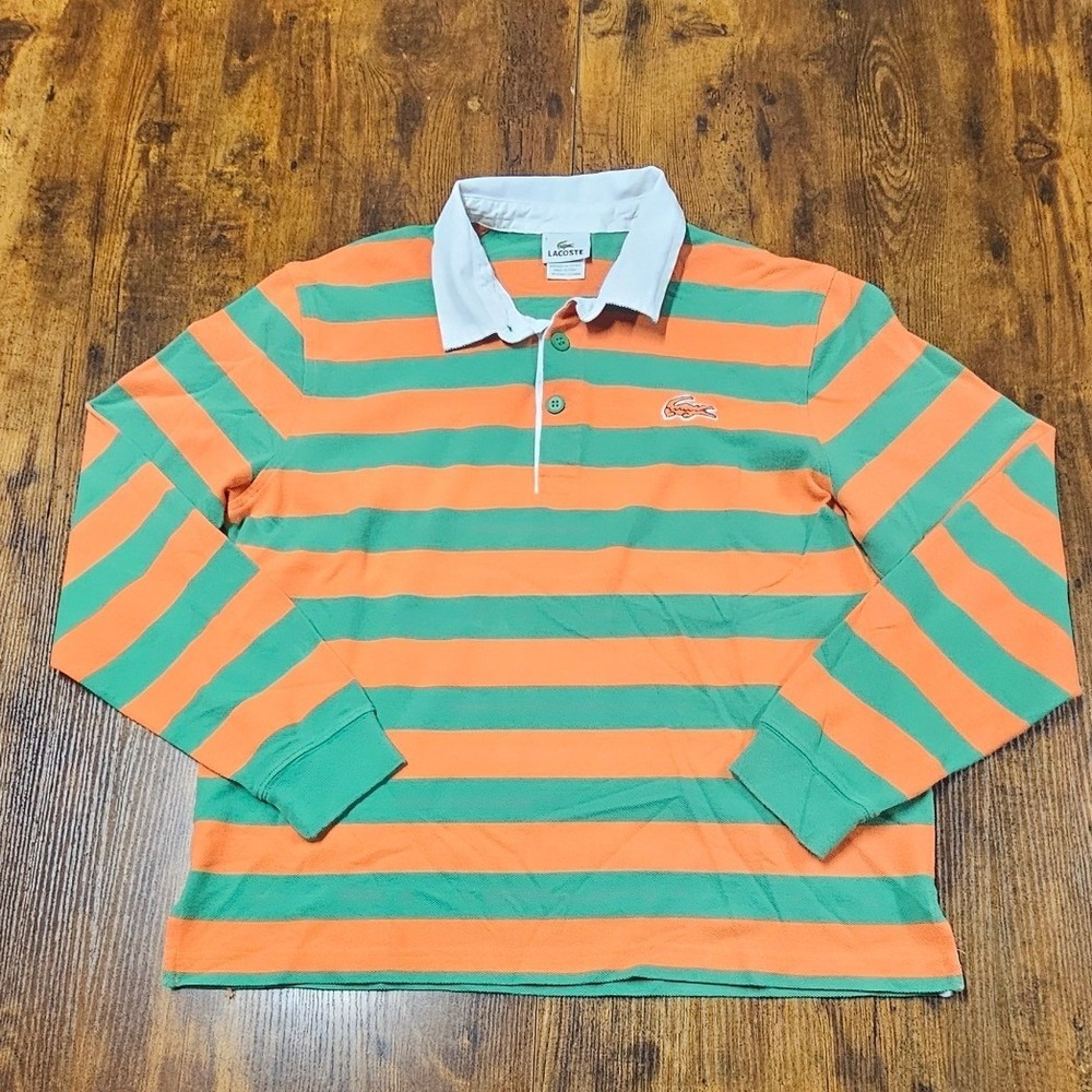 Lacoste Mens Striped Long Sleeve Rugby Polo Shirt Orange Green Size L